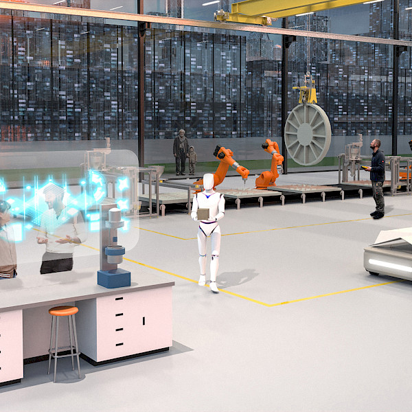 Visualisation of the CARE PreFab Plant. an automated production line and a modern building materials testing laboratory with a glass facade