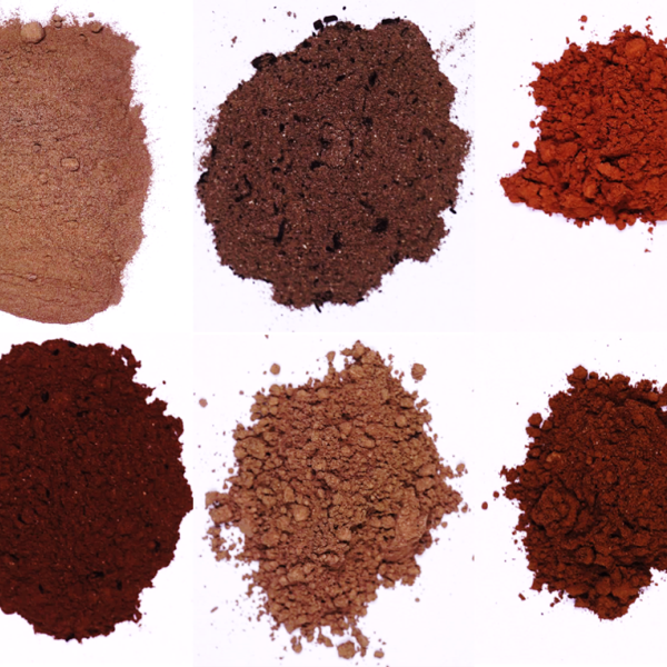 Overview of various types of lignite fly ash. Six piles of different types of lignite fly ash, seen from a bird’s-eye view
